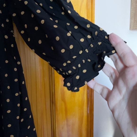 Madewell Smocked V-Neck Tunic Dress - Medium, Black with Tan Polka Dots - Picture 7 of 9